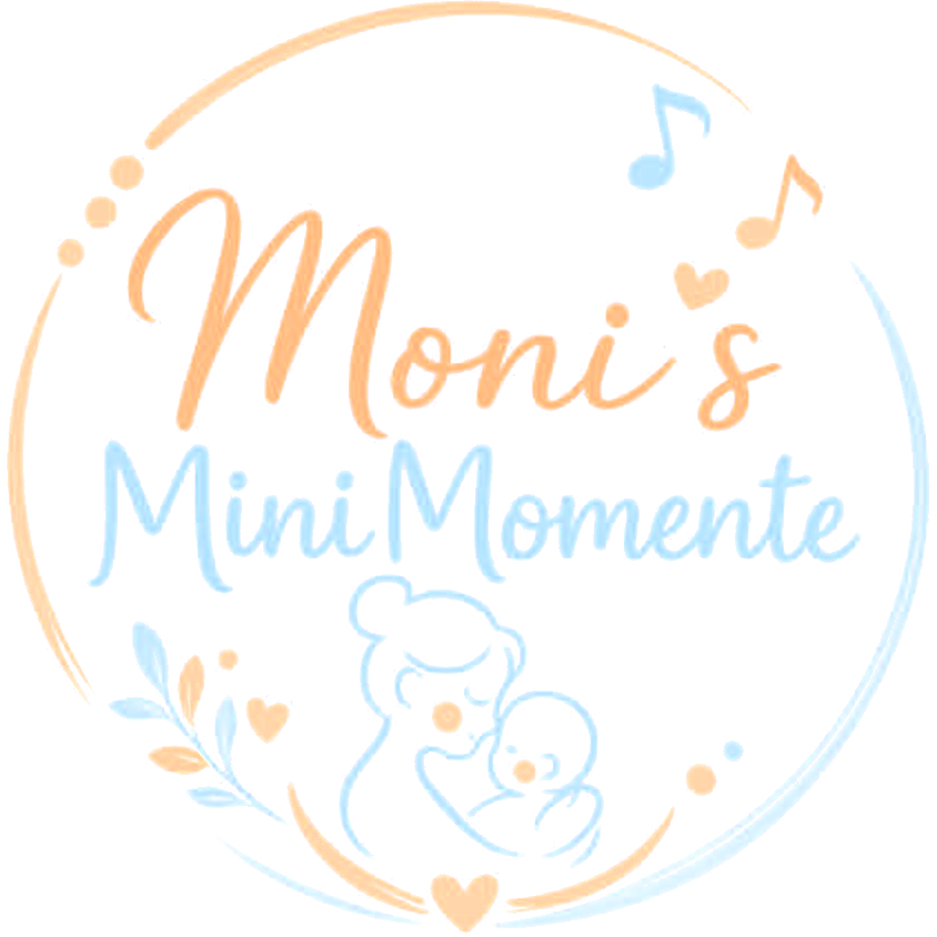 Logo von Moni&rsquo;s MiniMomente: Mutter mit Baby, Musiknoten und Blättern in einem Kreis